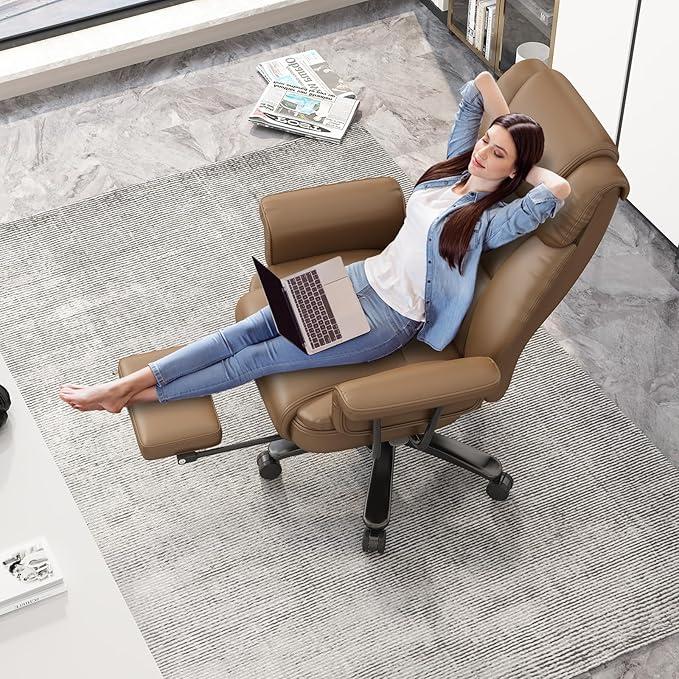 GYI Criss Cross Chair with Wheels, 160°Big and Tall Reclining Office Desk Chair with High Back, Wide Seat, Arms, Footrest, Brown-DeskLoop Office