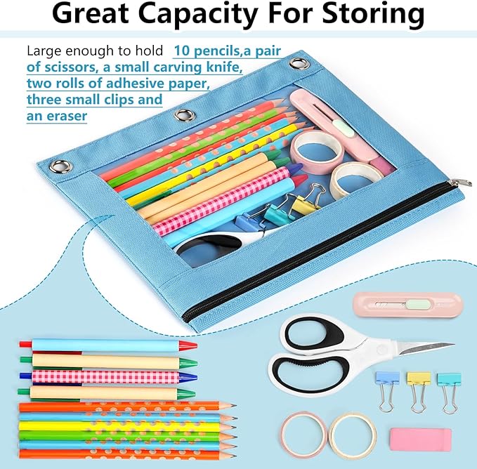 Forvencer 12 Pack Pencil Pouches for 3 Ring Binder, Smooth Zipper 3 Ring Binder Pencil Pouch, Multi-Color Pencil Case for Binder, Clear Top Binder Pencil Pouch, Pencil Bag with 3 Re-enforced Grommets-DeskLoop Office