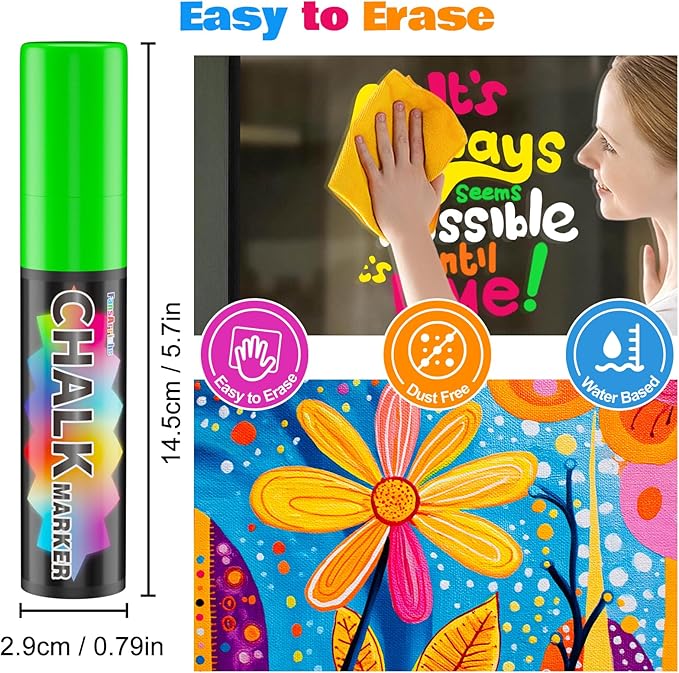 FansArriche Jumbo Chalk Markers, 15mm Window Markers for Glass Washable, 12 Colors Liquid Chalk Marker Erasable for Chalkboard, Blackboard, Car-DeskLoop Office