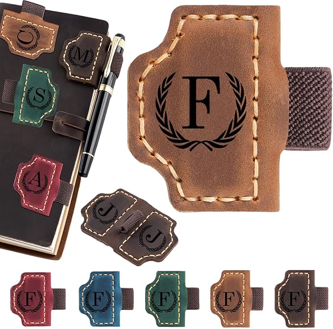 Personalized Magnetic Leather Bookmark with Pen Holder - 26 Letters Custom Book Mark with Name Initial Engraved Book Marker for Readers, Book Lovers, Travelers - Gift for Women & Men(Light Brown，F