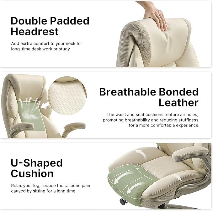 EUREKA ERGONOMIC Executive Office Chair Flip Up Arm Rest, Ergonomic Desk Chair Faux Leather Computer Chair, High Back Office Chair with Headrest, Home Office Desk Chairs with Wheels, Beige-DeskLoop Office