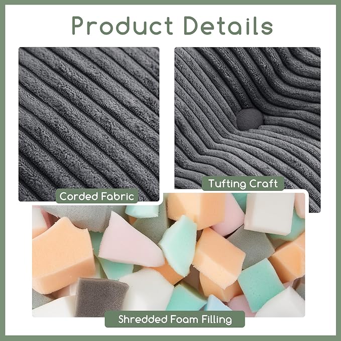 HIGOGOGO Square Stuffed Pouf Ottoman, Corduroy Poufs with Foam Chunk Filling, Furry and Fluffy Pouf Foot Stool Storage Ottoman, 25.6 X 25.6 Floor Poufs Foot Rest for Living Room, Dark Grey-DeskLoop Office