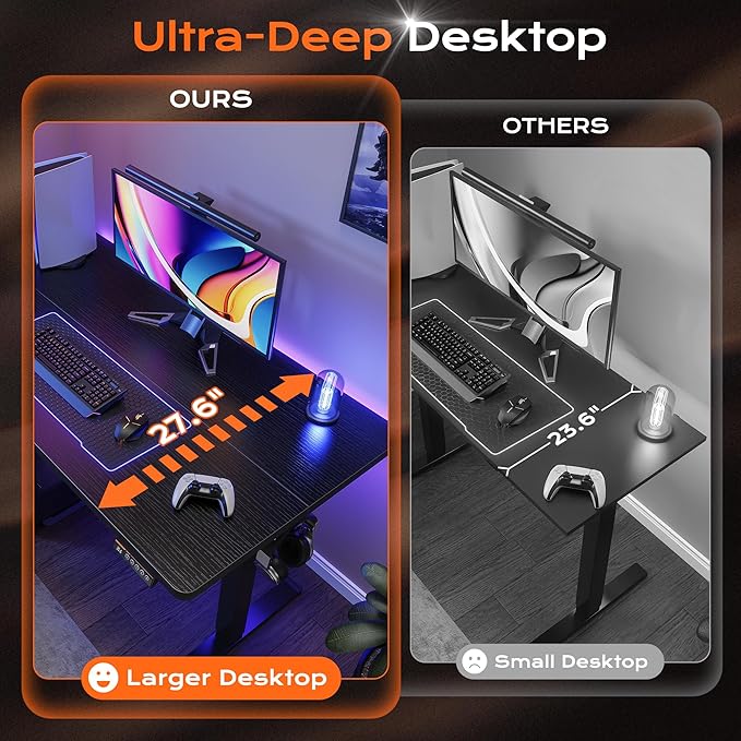 Huuger 48 x 28 Large Electric Standing Desk, Height Adjustable Desk, 27.6" Deep Desktop, Stand up Gaming, 2 Hooks, 3 Preset Heights, for Home Office, Black-DeskLoop Office