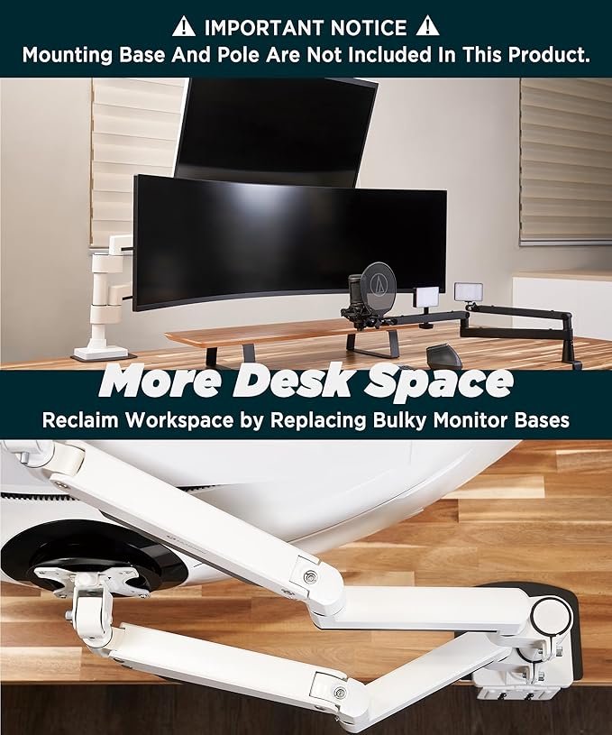 Heavy Duty Extension Arm [Accessory Only - Requires MA20PW-S Single Monitor Arm for Use] Dual 49" Vertical Stacked Monitor Mount Height Adjustable - 100x100 VESA Mount, White, MA20PW-A-DeskLoop Office