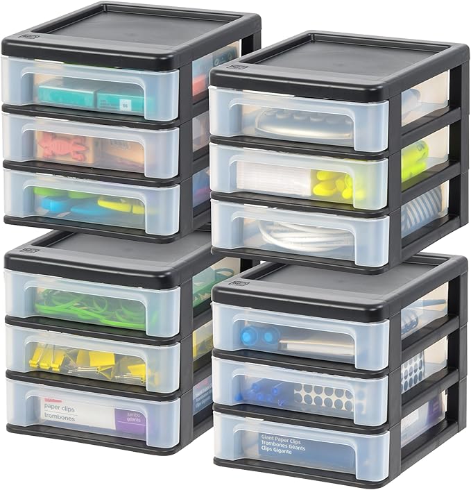 IRIS USA Plastic Stacking Desk Top 3-Drawer Storage Organizer, 4-Pack, for Makeup Vanity Nail Polish Bathroom Stationery Art Craft Supplies Kitchen Office Garage and Small Organization, Small, Black-DeskLoop Office