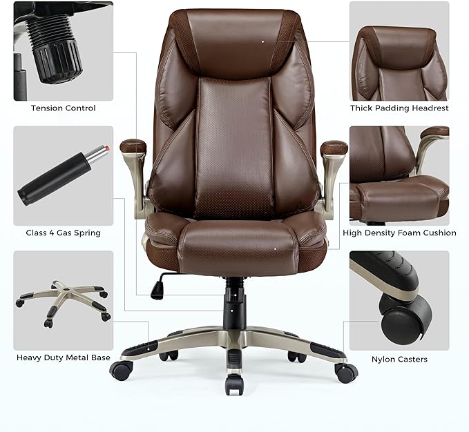 EUREKA ERGONOMIC Executive Office Chair Flip Up Arm Rest, Ergonomic Desk Chair Faux Leather Computer Chair, High Back Office Chair with Headrest, Home Office Desk Chairs with Wheels, Brown-DeskLoop Office