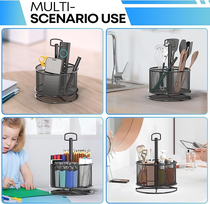 360-Degree Rotating Pen Holder for Desk, Mesh Pencil Organizer Multi-Functional Pen Holder, 4 Compartments Desktop Stationary Organizer, Home Office Black-DeskLoop Office