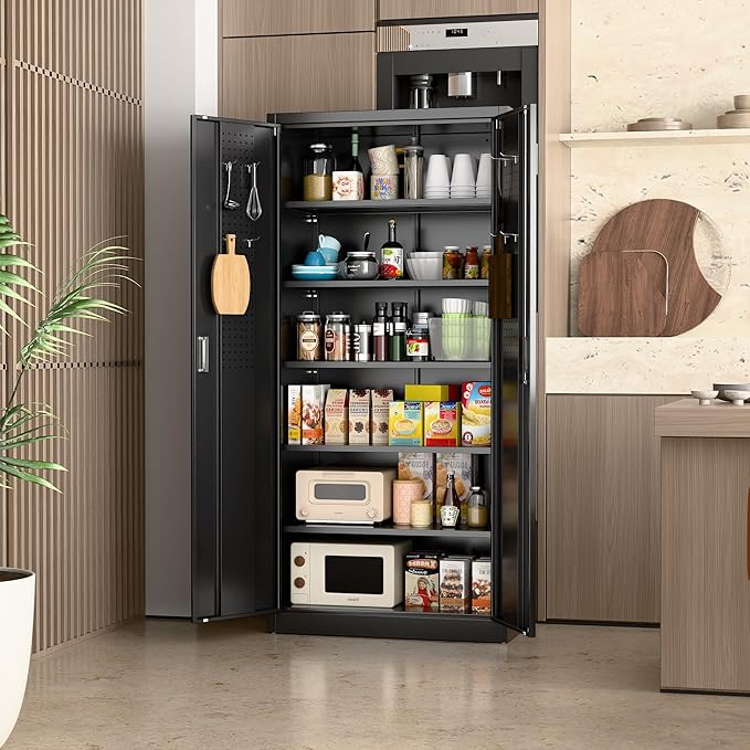 Aobabo Upgraded 71" H×34" W×18" D Metal Garage Storage Cabinet with Pegboards, Lockable Steel Cabinet with 5 Adjustable Shelves and 4 Hooks for Garage, Home, Office, Black,Assembly Required-DeskLoop Office
