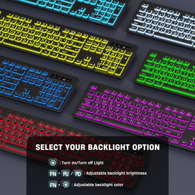 Large Print Backlit Wireless Keyboard, 2.4G Silent Wireless Light Up Keyboard, Full Size Computer Keyboards with 7 Colored Backlits, Rechargeable Keyboards for Windows, PC, Laptop-DeskLoop Office