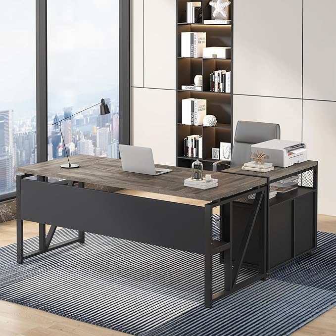 Tribesigns Office Desk with Drawers Sets, 63 inches L Shaped Executive Desk with Mobile File Cabinet for Home Office Furniture Sets (Dark Oak, 63-inch)-DeskLoop Office