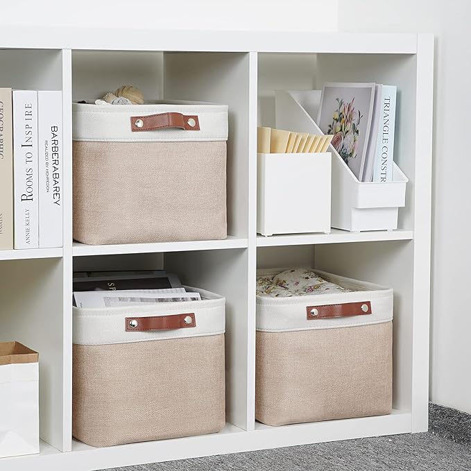 DULLEMELO Fabric Storage Bins, Storage Baskets for Organizing, Collapsible Rectangular Fabric Baskets for Shelves, Empty Gift Baskets (3-Pack Medium-15 inch X 11 inch X 9.5 inch , White&Khaki)-DeskLoop Office