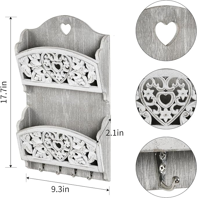 Mail Organizer with Key Holder, 2-Slot Mail Holder with 4 Key Hooks - Image 3