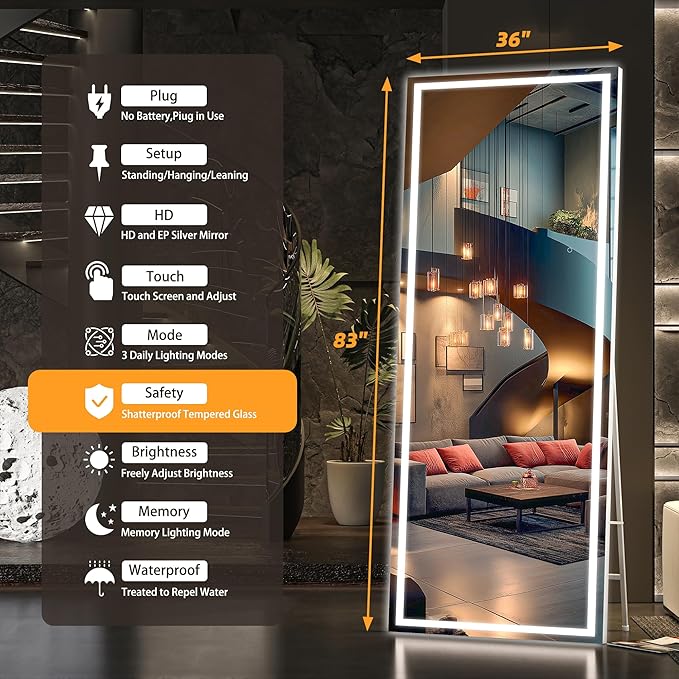 Hasipu Full Length Mirror with Lights, 83" x 36" LED Lighted Floor Standing Mirror, Full Body Dressing Hanging Mounted Mirrors, Dimmable, Tempered Glass, Safe to Use, Square White-DeskLoop Office