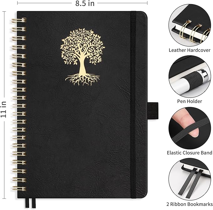 RETTACY Spiral Journal Notebook, 110 Numbered Pages, A4 Large Size (8.5'' x 11''), for Men & Women, Journaling, Writing, Work & Office, Leather Hardcover, 100 GSM Thick Paper (Black)-DeskLoop Office