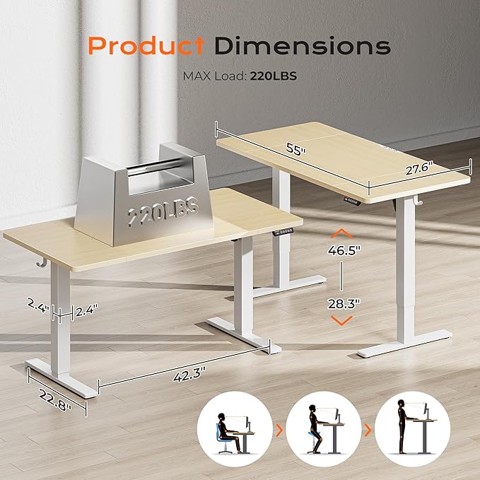 Huuger 55 x 28 Large Electric Standing Desk, Height Adjustable Desk, 27.6" Deep Desktop, Stand up Gaming Computer Office Desk with 2 Hooks, 3 Preset Heights, for Home Office, Natural-DeskLoop Office