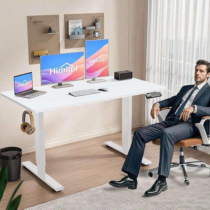Himimi Electric Standing Desk 55 x 24 inch for Home Office,Sit-Stand Adjustable Desk with Memory Presets,Height Adjustable Desk for Gaming/Working,Free Hook, Lockable Wheels,Mouse Pad,White-DeskLoop Office