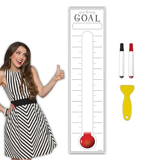Goal Setting Fundrasing Thermometer - 48"x12" Dry Erase Self-Adhesive Goal Tracker - Poster Charts for Home, School and Office