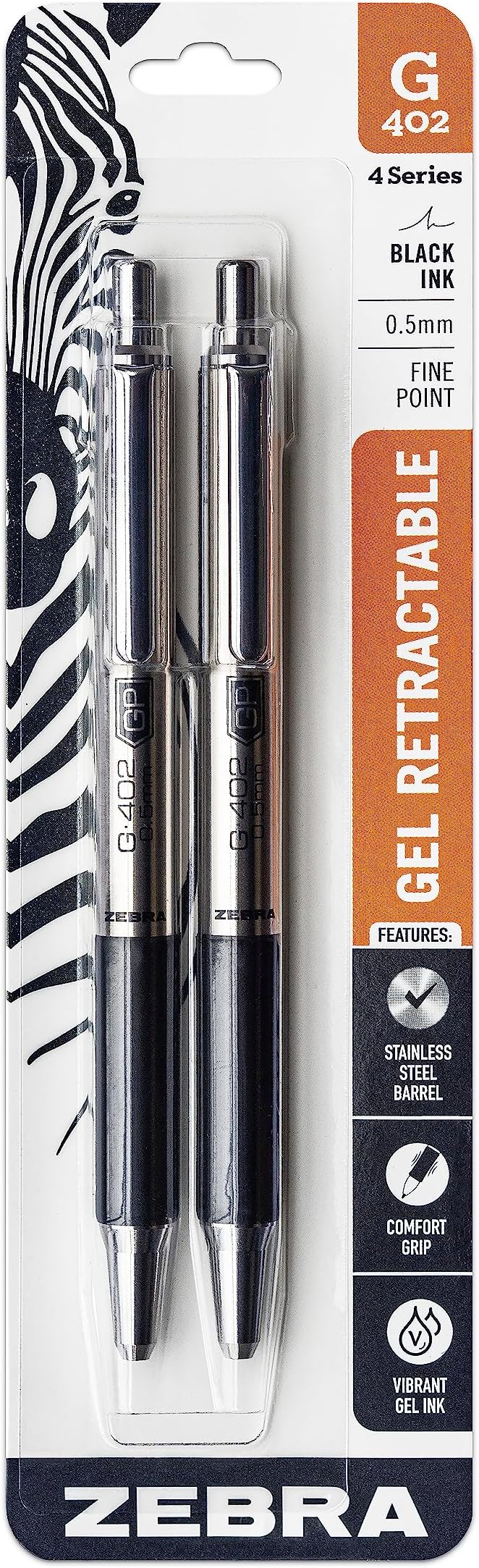 Zebra Pen - STEEL G-402 Retractable Gel Pens - 0.5mm Fine Point - Smooth Black by ZebraPen