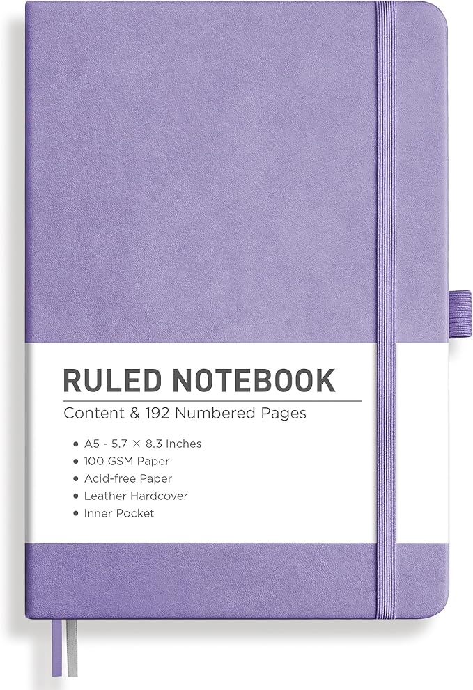 RETTACY Lined Journal Notebook, 192 Numbered Pages, A5 Medium Size (5.7'' x 8.3''), for Men & Women, Journaling, Writing, Work & Office, Leather Hardcover, 100 GSM Thick Paper (Purple)-DeskLoop Office
