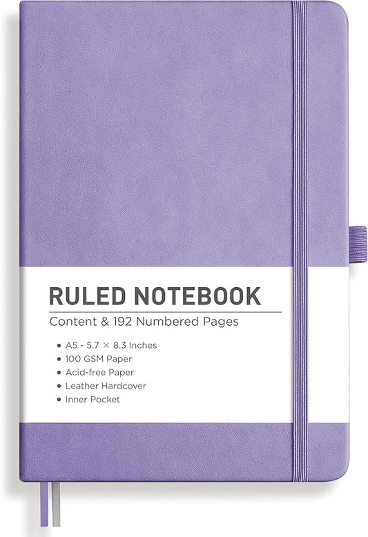 RETTACY Lined Journal Notebook, 192 Numbered Pages, A5 Medium Size (5.7'' x 8.3''), for Men & Women, Journaling, Writing, Work & Office, Leather Hardcover, 100 GSM Thick Paper (Purple)-DeskLoop Office