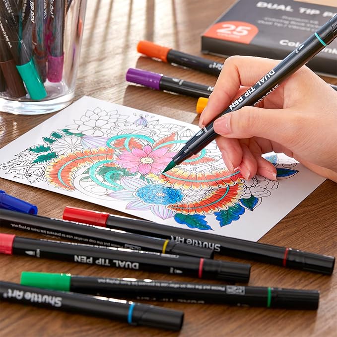 Shuttle Art Dual Tip Brush Marker Pens, 25 Colors Water-based Ink, Fine and Brush Tip Marker Set with 1 Coloring Book for Kids Adult Artist Calligraphy Hand Lettering Journal Doodling Writing-DeskLoop Office