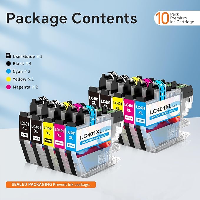 LC401XL LC401 Ink Cartridges Compatible for Brother Ink Cartridges LC401 XL to use with Brother MFC-J1010DW MFC-J1012DW MFC-J1170DW Printer Ink (10 Pack, 4 Black 2 Cyan 2 Magenta 2 Yellow)-DeskLoop Office