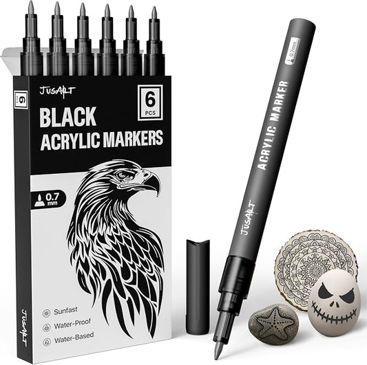 JusArt 6 Pack Black Acrylic Paint Marker, 0.7mm Fine Point Black Acrylic Markers by JusArt%7CCreativeArtSupplies