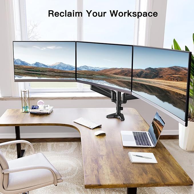 HUANUO Triple Monitor Mount for 17 to 32 inch Screens, Gas Springs Adjustment Triple Monitor Stand with Swivel, Tilt, Rotation, Clamp & Grommet Kit (Black)-DeskLoop Office