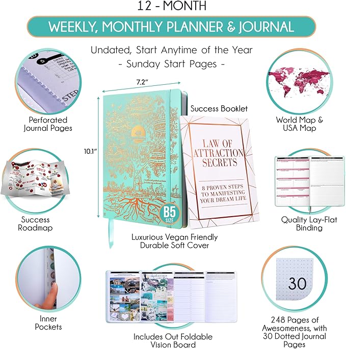 Law of Attraction Planner – Undated Hourly, Weekly & Monthly Goal Setting Planner, 12-Month to Increase Productivity | Life & Gratitude Journal, Include Foldable Vision Board, Gift Box & Stickers-DeskLoop Office