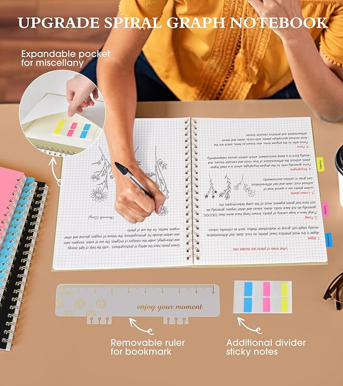 Graph Paper Notebook, Spiral Notebook Journal 8.5” x 11”, A4 Large Grid Notebooks for Women Men, 100 GSM Graph Paper, Plastic Hardcover Spiral Graphing Journals for Work School Engineerin, Yellow-DeskLoop Office