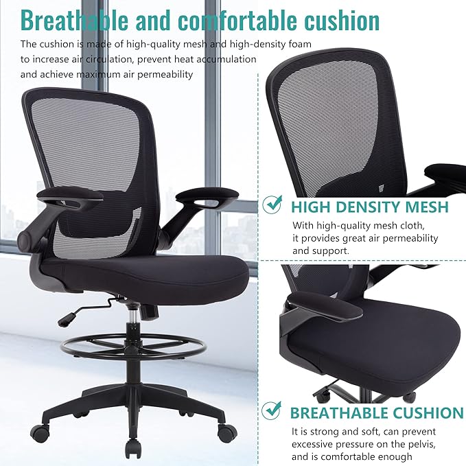 BestOffice Drafting Chair Tall Office Chair with Adjustable Foot Ring and Flip-Up Arms Computer Standing Desk Chair Executive Rolling Swivel Chair for Office & Home-DeskLoop Office