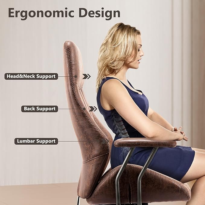 Mid Century Modren Office Chair - High Back Swivel Executive Chair with Lumbar Support,Ergonomic Computer Desk Chair with Wheels,Faux Lether Suede Task Chair,350lbs(Dark Brown, High Back)-DeskLoop Office