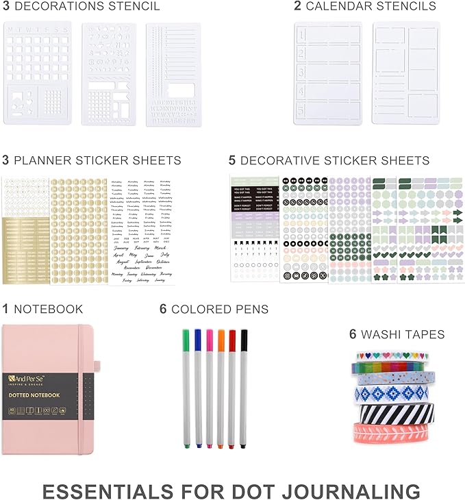 &And Per Se Dotted Journal Notebook Set, A5 Hardcover Dotted Journal (Pink), 6 Fineliner Pens, 8 Sticker, 5 Stencil Sheets & 6 Washi Tapes, Journaling Supplies for Planner Schedule-DeskLoop Office