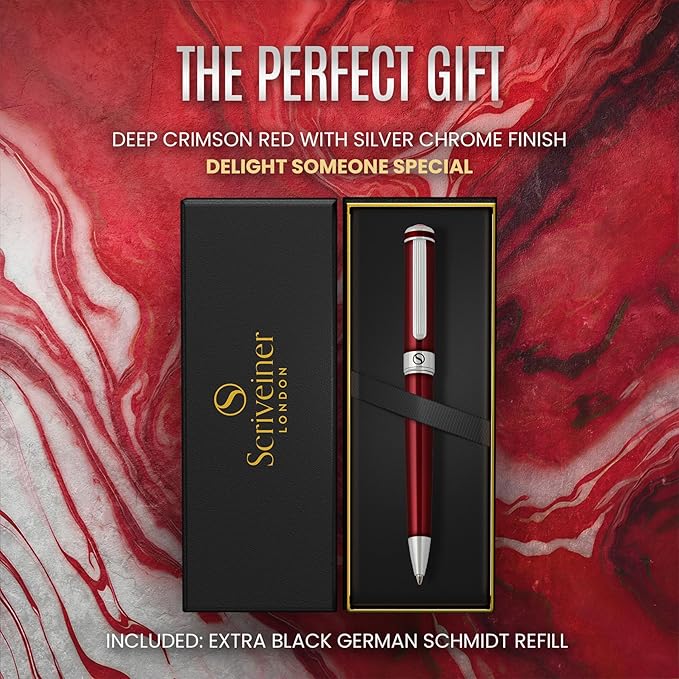 Scriveiner Deep Crimson Ballpoint Pen - Stunning Red Lacquer Luxury Pen, Chrome Finish, Schmidt Black Refill, Best Ball Pen Gift Set for Men & Women, Professional Executive Office, Nice Designer Pen-DeskLoop Office