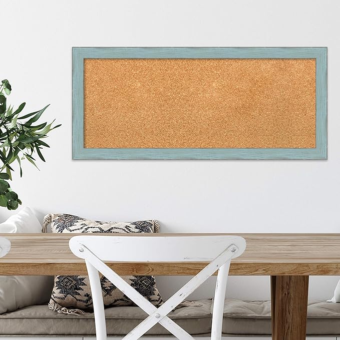 Amanti Art Natural Cork Board for Wall, 14x32 Vision Board with Blue Wood Frame, Medium Corkboard Office Decor for Home Organization, Rustic Farmhouse Corkboard Pinboard to display items for home-DeskLoop Office