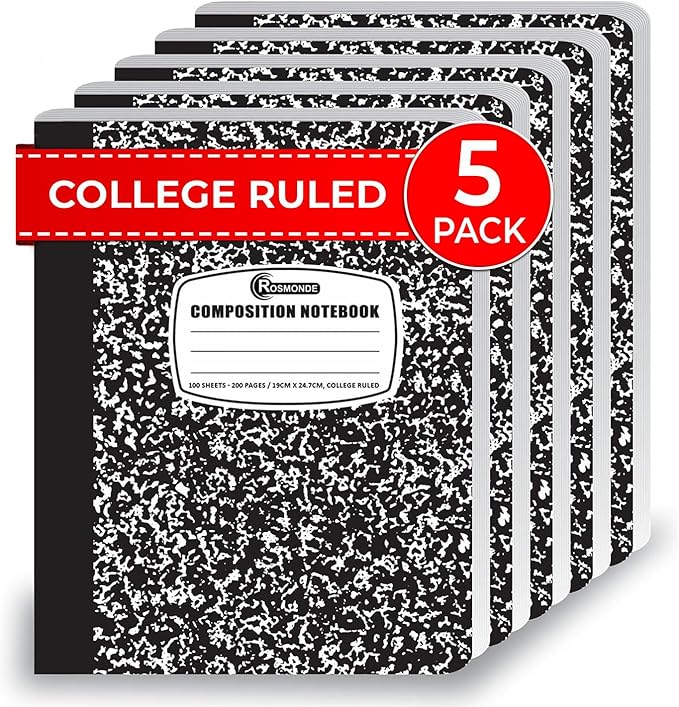 College Ruled Composition Notebooks 5 Pack, 200 Pages (100 Sheets), 9-3/4" x 7-1/2", White & Black Marble Composition Book, Hard Cover, Sturdy Sewn Binding, School, College & Office Supplies-DeskLoop Office