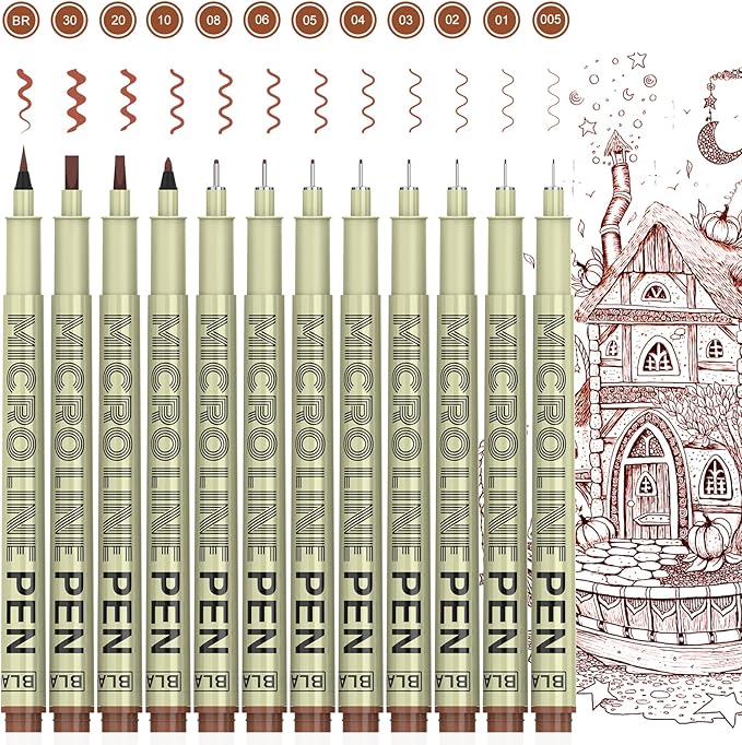 KERIFI Sepia Micro Pen Set, 12 Assorted Sizes Fineliner Ink Art Drawing Pens, Water-Resistant Archival Ink Multiliner Pens for Illustration Technical Sketching Manga Scrapbooking Journaling Zentangle-DeskLoop Office