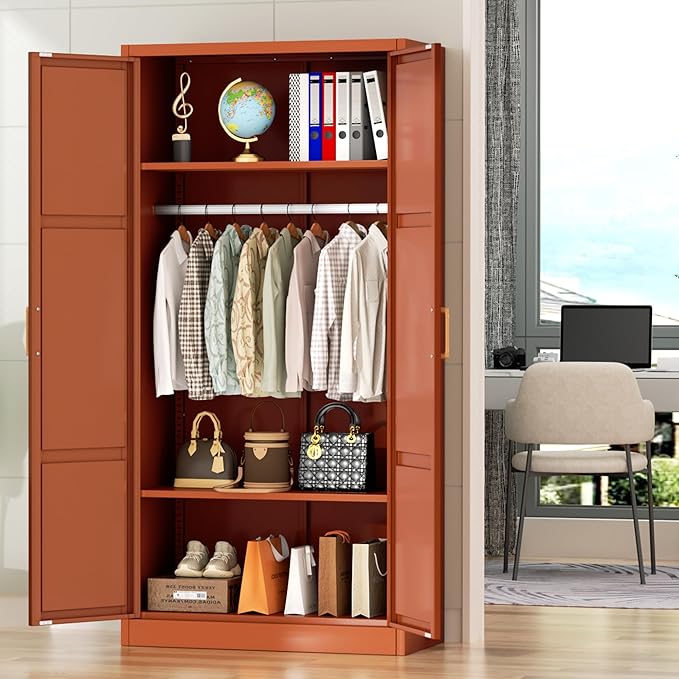 Greenvelly Metal Wardrobe Cabinet with Wooden Handle, 72" Metal Wardrobe Closet with Hanging Rods and Adjustable Shelves, Clothing Storage Closet Cabinet for Home, Office, Employee, Gym (Brown)-DeskLoop Office