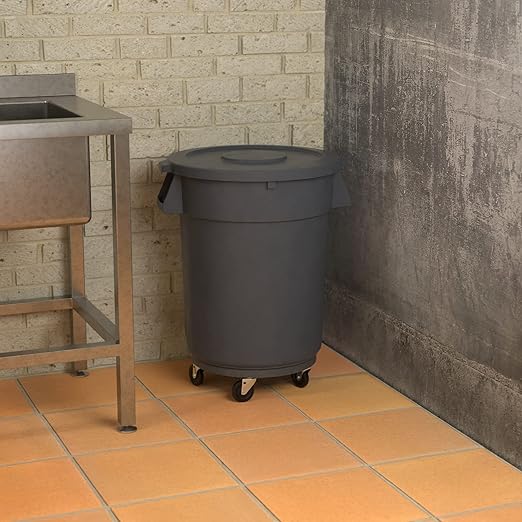 32 Gallon Gray Round Commercial Trash Can with Lid and Dolly-DeskLoop Office