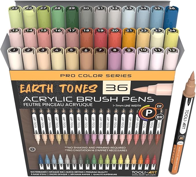 36 Flexible Brush Tip Earth Tones Acrylic Paint Pens Markers Set 1-7mm Line for Rock Painting, Brush Lettering, Glass, Mugs, Wood, Metal, Canvas, Fabric, Plastic. Non Toxic Waterbased Quick Drying-DeskLoop Office