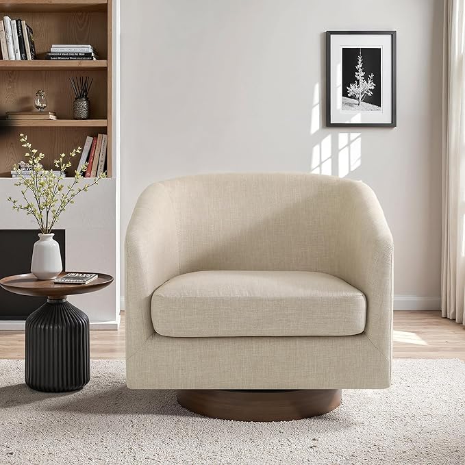 UIXE Swivel Accent Chair with Wood Base, Fabric Upholstered Barrel Chairs for Living Room, Comfy Round Armchair Single Sofa Bedroom Reading Seat - 31" W, Light Brown-DeskLoop Office