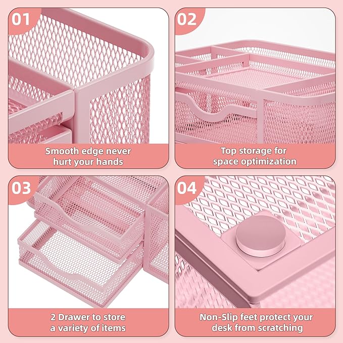 Marbrasse Mesh Desk Organizer, Pen Organizer with 2 Drawer, Multi-Functional Pencil Holder, Desk Organizers and Accessories with 5 Compartments + Drawer for Office Art Supplies (Pink)-DeskLoop Office