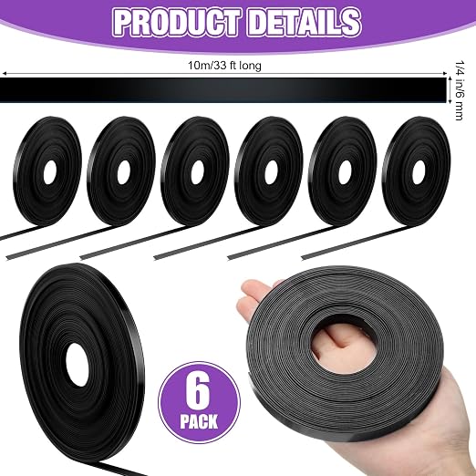 6 Rolls Black Magnetic Tape Roll Thin Strips, 1/4 Inch x 33 ft Magnetic - Image 2