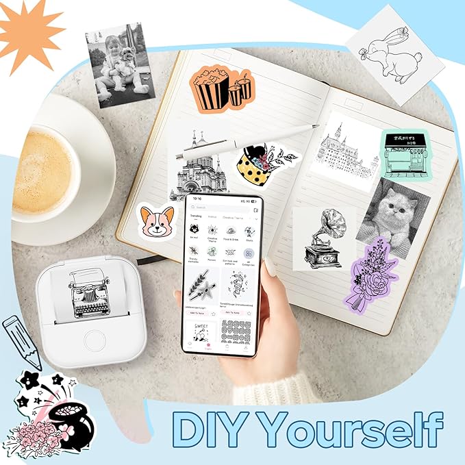 Print Pods Mini Printer, Sticker Maker Machine Y02C, Mini Portable Printer with 1 Roll Paper, Bluetooth Inkless Receipt for Phone, Thermal Portable Maker for Journal, Note, Photos, Learning-DeskLoop Office