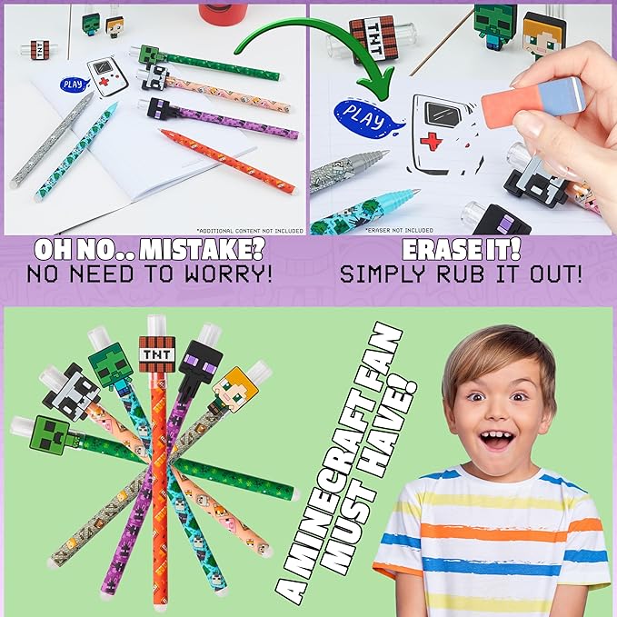 Minecraft Erasable Gel Pens Set, Colored Pens with Erasers Pack of 6, School Supplies - Gifts for Boys-DeskLoop Office