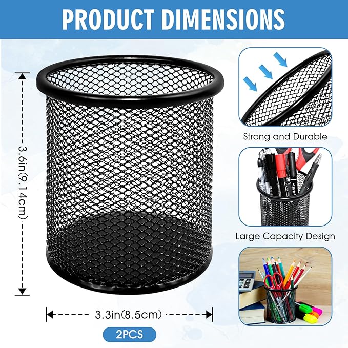 2 Pack Black Pencil Cup - Wire Mesh Pen Cup Holder for Desk, Office Pen Organizer With Sleek Design-DeskLoop Office