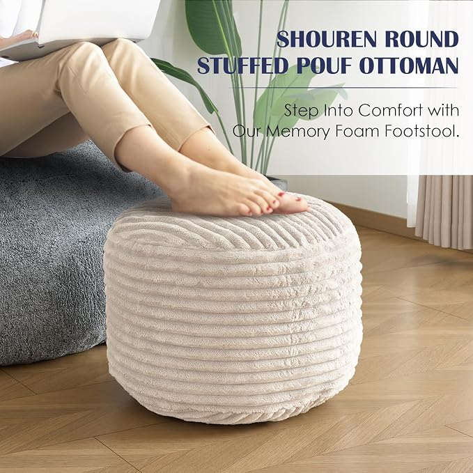 SHOUREN Stuffed Round Ottoman, Corduroy Pouf Ottoman Foot Rest - Image 7