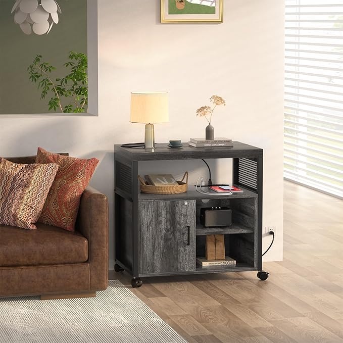 Unikito Rolling File Cabinet Lateral Office Filing Cabinets with Socket and USB Charging Port, Modern Printer Stand on Wheels Printer Cabinet with Door and Open Storage, Lockable, Black Oak-DeskLoop Office