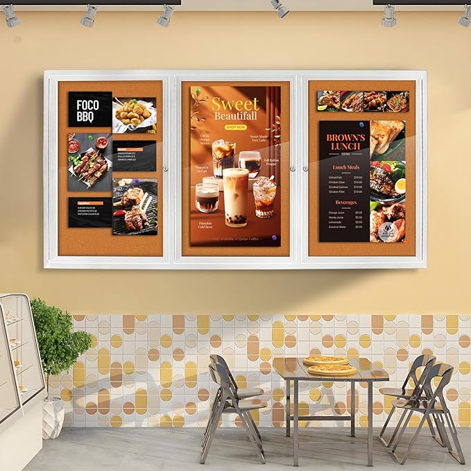 Lockable Outdoor Enclosed Bulletin Board, Weatherproof Cork Noticeboard with Locking Door, Wall-Mounted Aluminum Silver Framed Display Case for Messages,70x36 Inch-DeskLoop Office