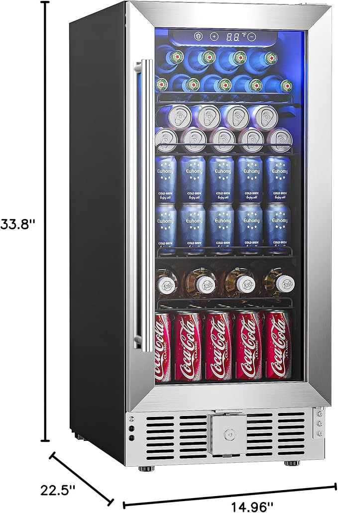 EUHOMY 15 Inch Beverage Refrigerator Cooler Under Counter 127 Cans Beverage Fridge Built-in or Freestanding with Glass Door, LED Light, Beer Fridge for Soda, Water, Wine - Home Kitchen Bar.-DeskLoop Office